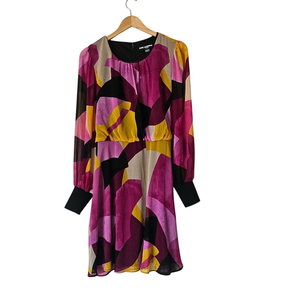 Karl Lagerfeld Paris Geo-Print Chiffon Dress Size 14 Belted Long Sleeve